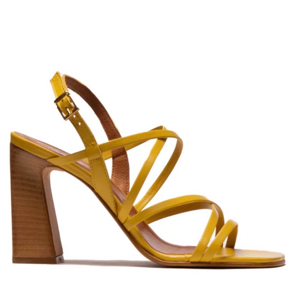 NEW L’Intervalle Feline Yellow Leather Strappy 4” Block Heel Sandals